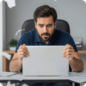 Мужчина с ноутбуком переживает