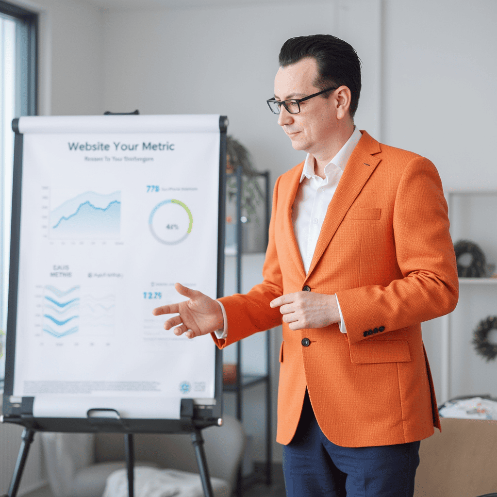 Мужчина в оранжевом пиджаке показывает графики на флипчарте, возле него значок с тремя звёздами