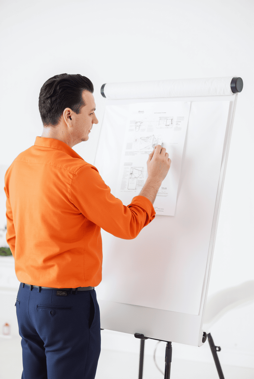 Мужчина в оранжевой рубашке пишет на доске